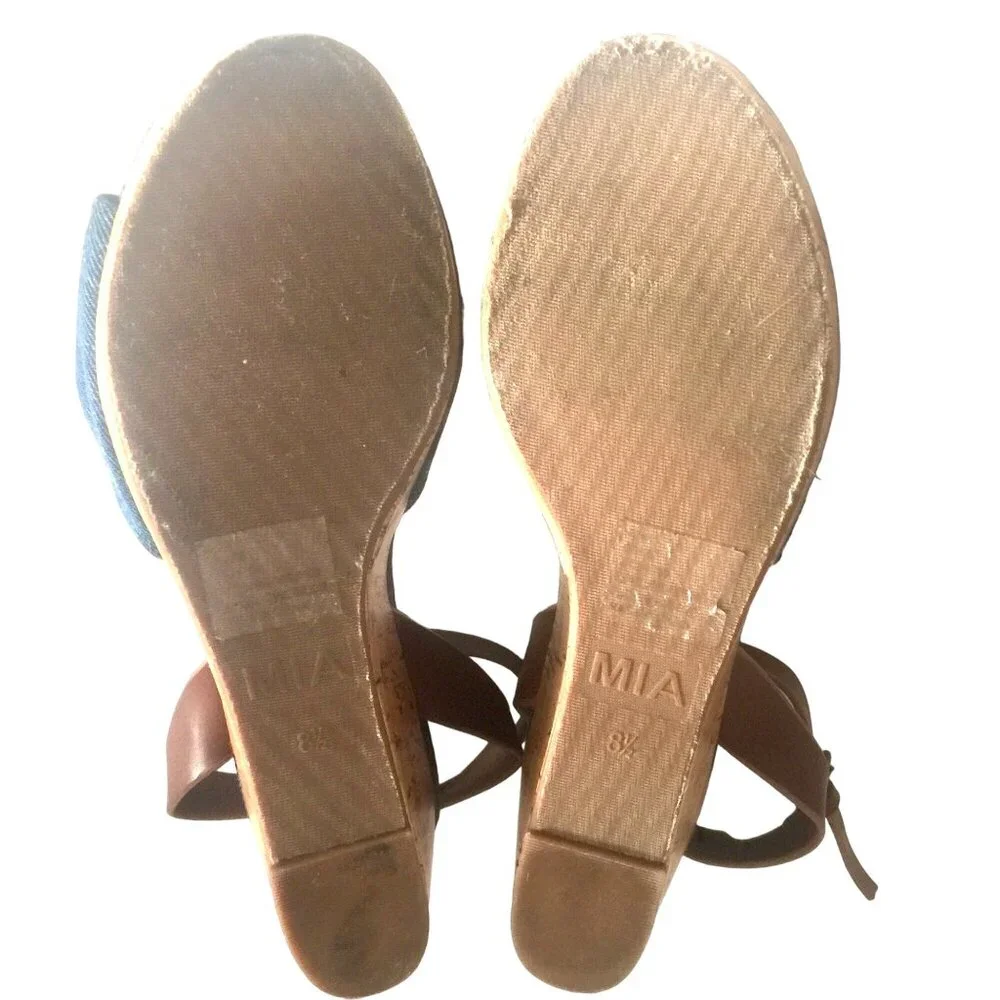 MIA Blue Denim Knot Espadrille Wedge Sandals Cork Size 8.5 Open Toe